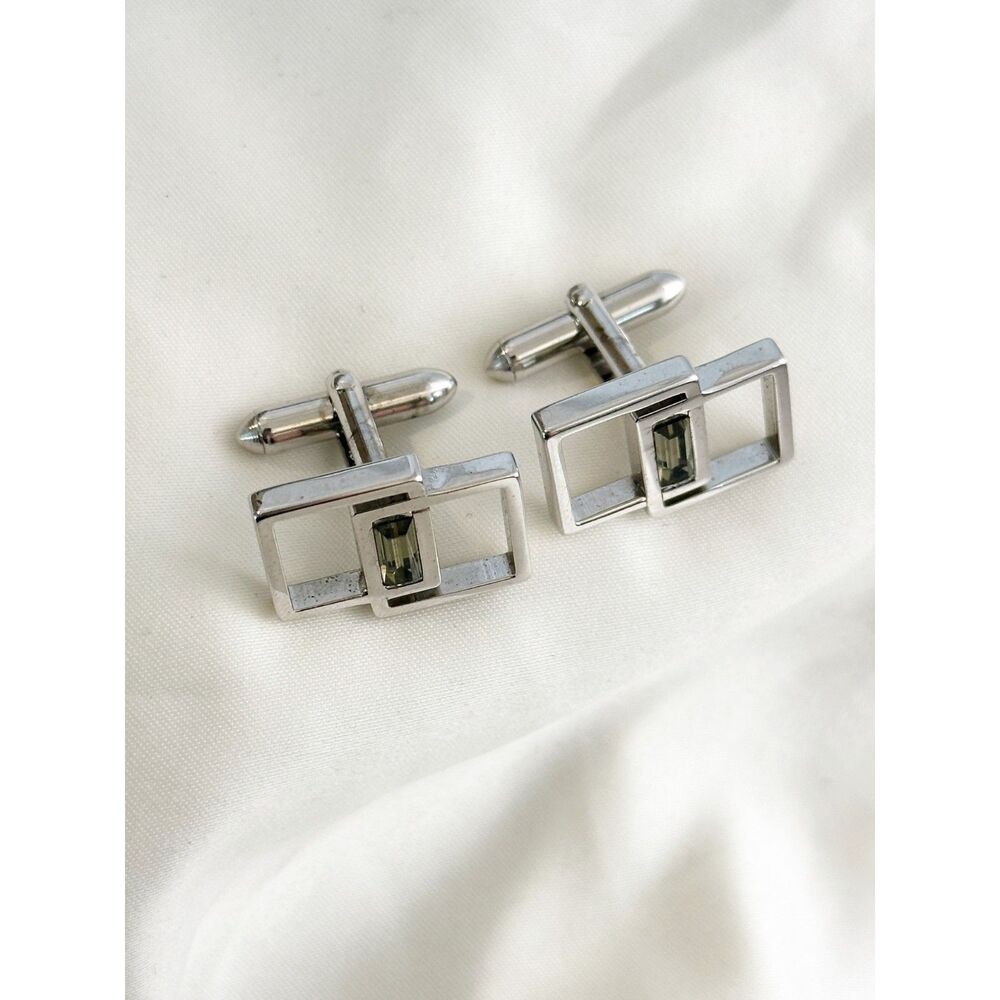 Vintage Swank cufflinks modernist cube silver tone grey stone center MCM